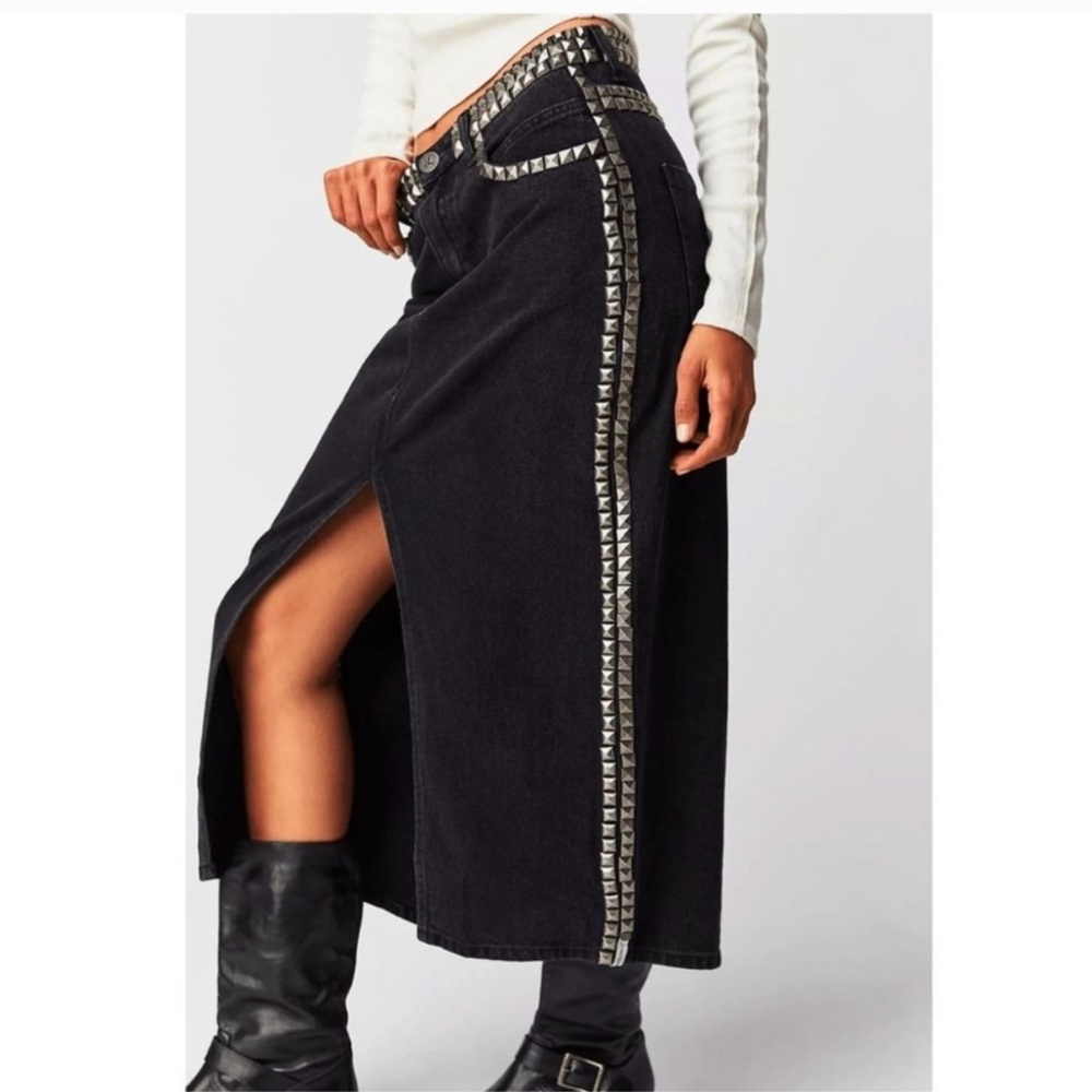 One Teaspoon Black Midi Denim Skirt with Silver Stud Trim
